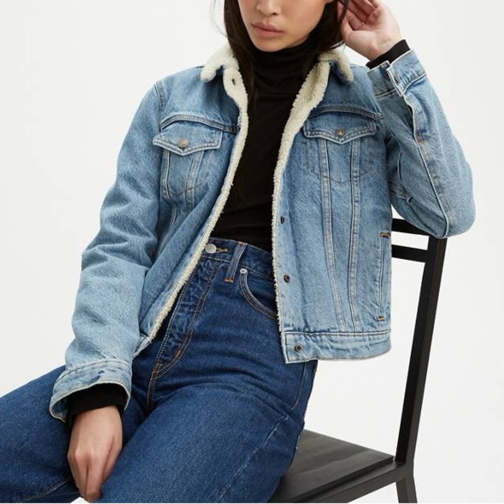 Women's Levi's ORIGINAL SHERPA TRUCKER JACKET Ladies Denim Jean‎ Size Small